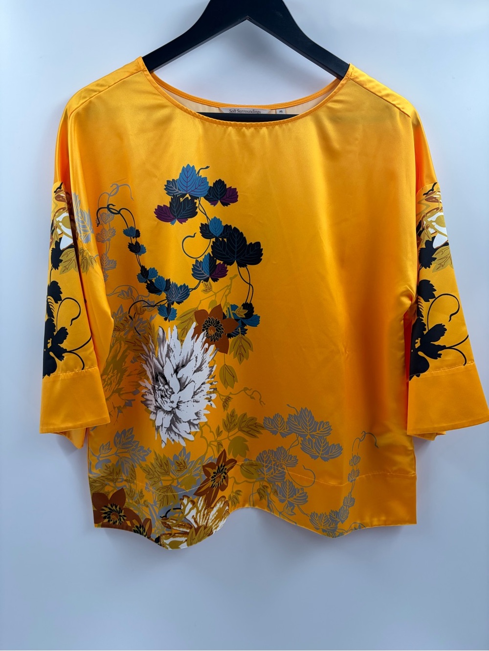 Soft surroundings yellow bohemian silk blouse floral small petite SP NWT $89